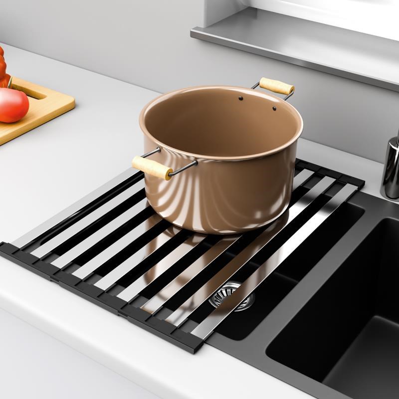 304不锈钢厨房水槽沥水架可折叠洗菜盆滤水卷帘水池沥.水篮置物架