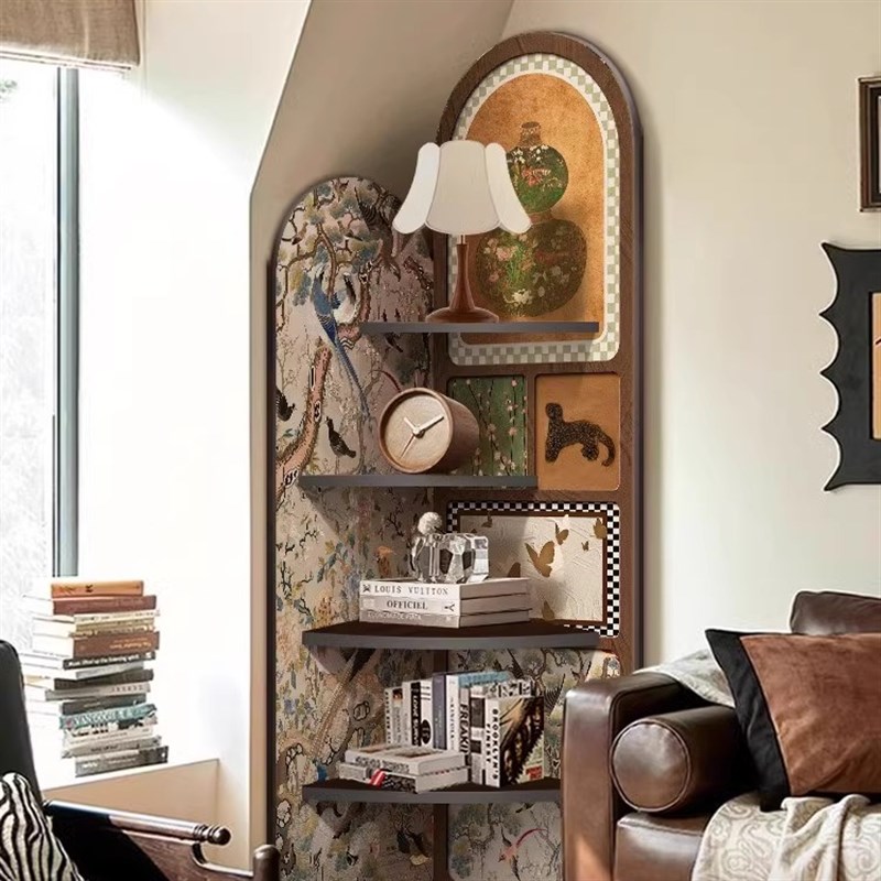 中古风墙角转角柜落地摆件客厅电视F柜边转角置物架多层柜一体靠