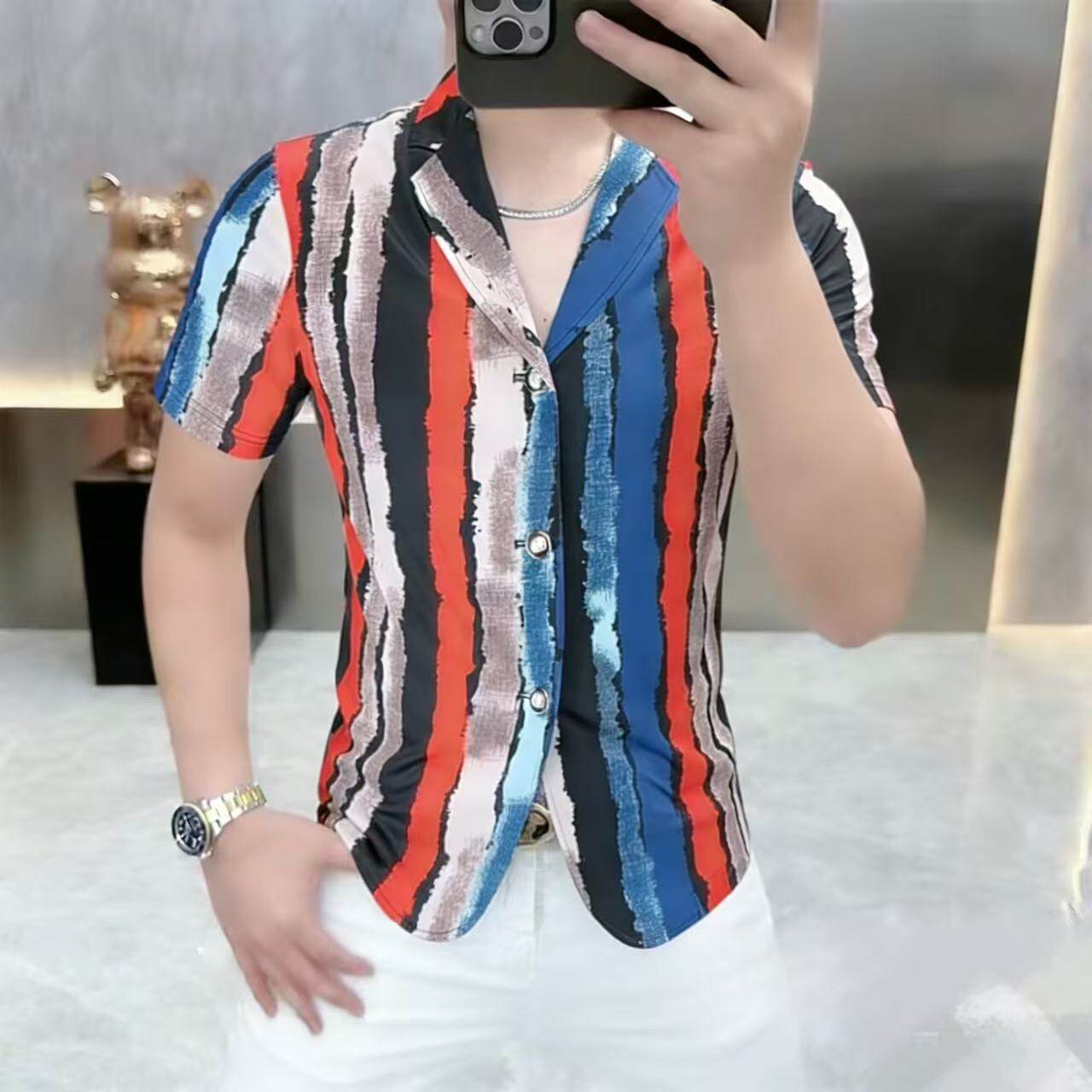 男士短袖彩色条纹衬衫夏季新款时尚潮流休闲轻奢翻领修身半袖衬衣