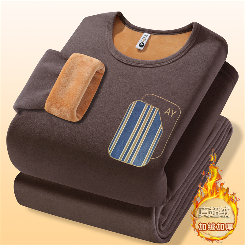 冬季新款青年时尚保暖内衣男士套装加绒加厚秋衣秋裤可外穿打底衫