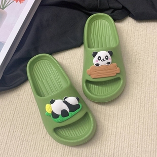 夏 巧贝淘可爱熊猫亲子居家用室内绿eva软底不吸水儿童一字凉拖鞋