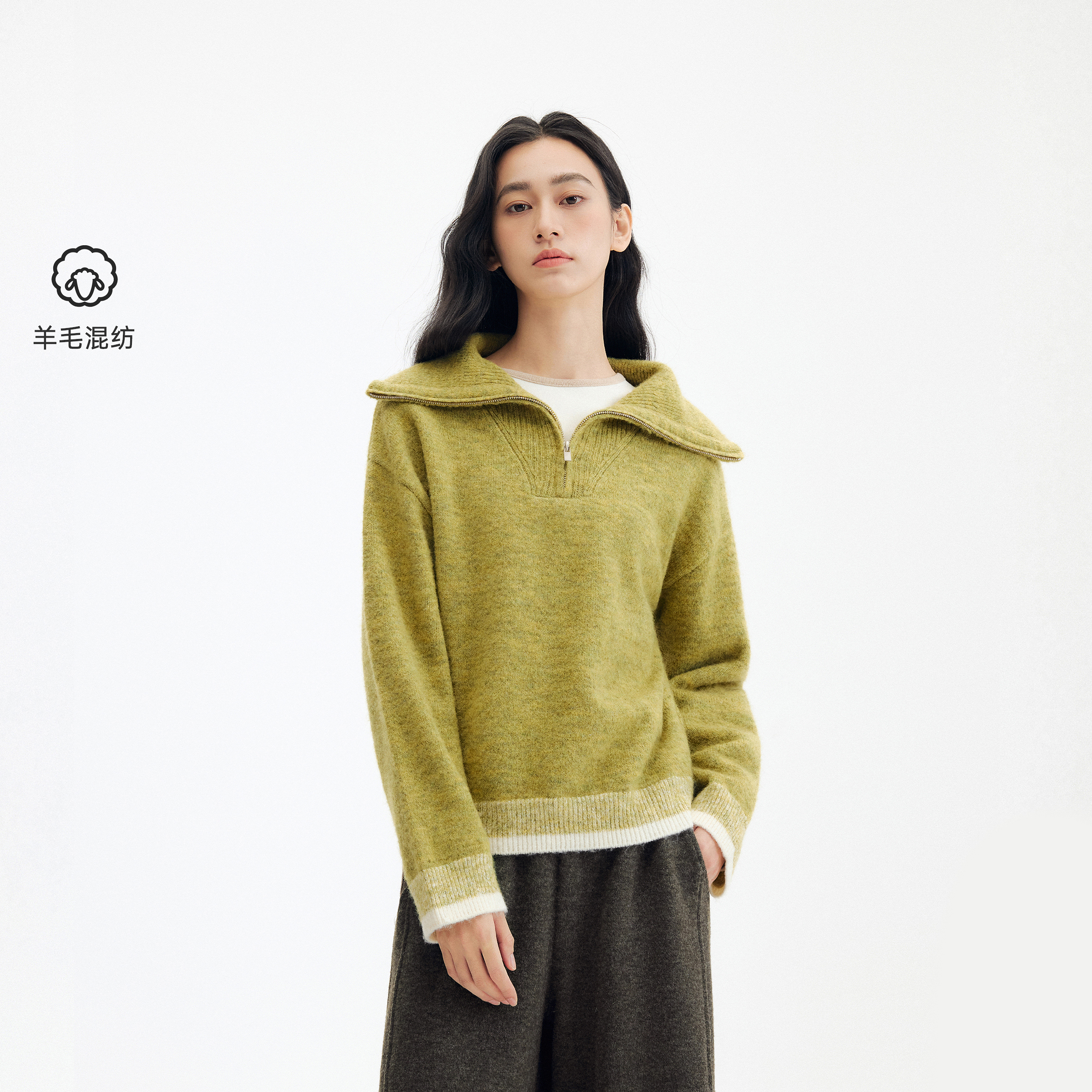 飞鸟和新酒大翻领时尚针织衫女2025冬季新款拉链套头针织上衣