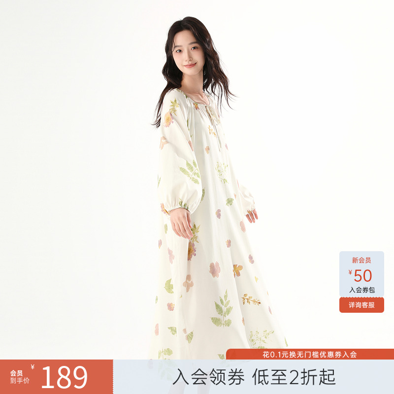 飞鸟和新酒2025夏季新款中长款宽松植物拓印连衣裙