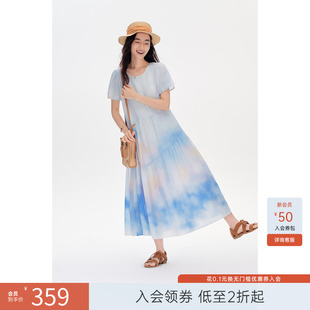 飞鸟和新酒晕染圆领短袖 海边度假风印花裙 连衣裙女2025夏季 新款