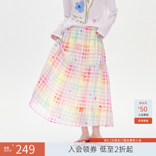新款 飞鸟和新酒格纹松紧腰显瘦半身裙女2025夏季 雪纺A字裙腰裙