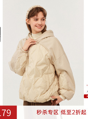 xdt飞鸟和新酒宽松菱格羽绒服女2023冬季设计感黑色羽绒外套