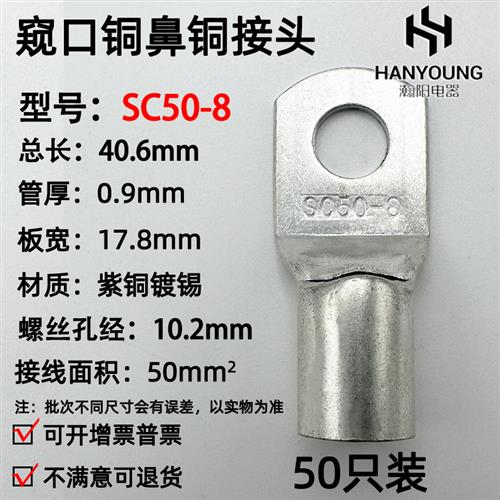 50只SC50-6/8/10/12铜接线鼻子窥口电缆接头铜线耳接线端子50平方
