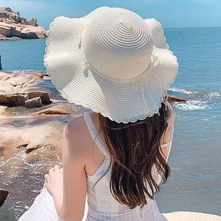 洋氣時(shí)髦帽子珍珠太陽帽夏天遮陽防曬海邊度假沙灘大帽檐 草帽女式