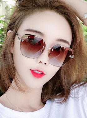 粉色多边形墨镜女款夏季茶色无框太阳镜大脸显瘦时尚防紫外线眼镜