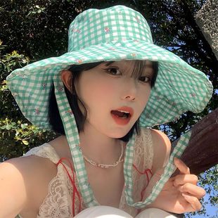 韓版 千鳥格出游沙灘海邊雙面防曬遮陽帽 格紋系帶碎花漁夫帽女夏季