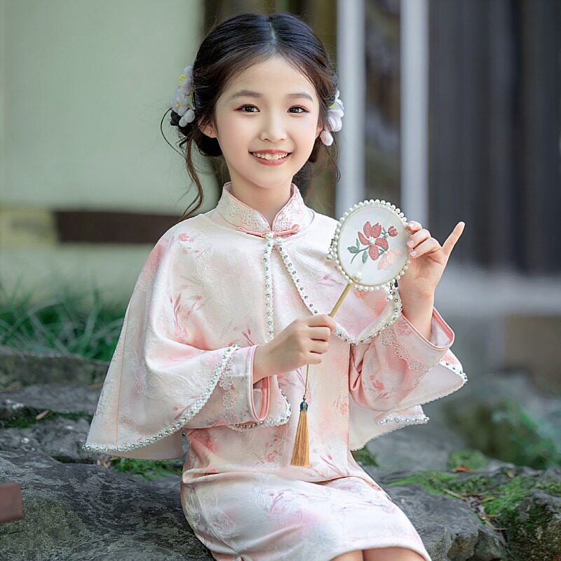 女童新中式盘扣粉色旗袍连衣裙