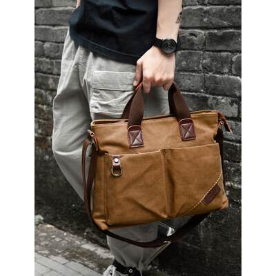 潮流商务公文包男士单肩斜挎包帆布包休闲简约背包大容量手提挎包