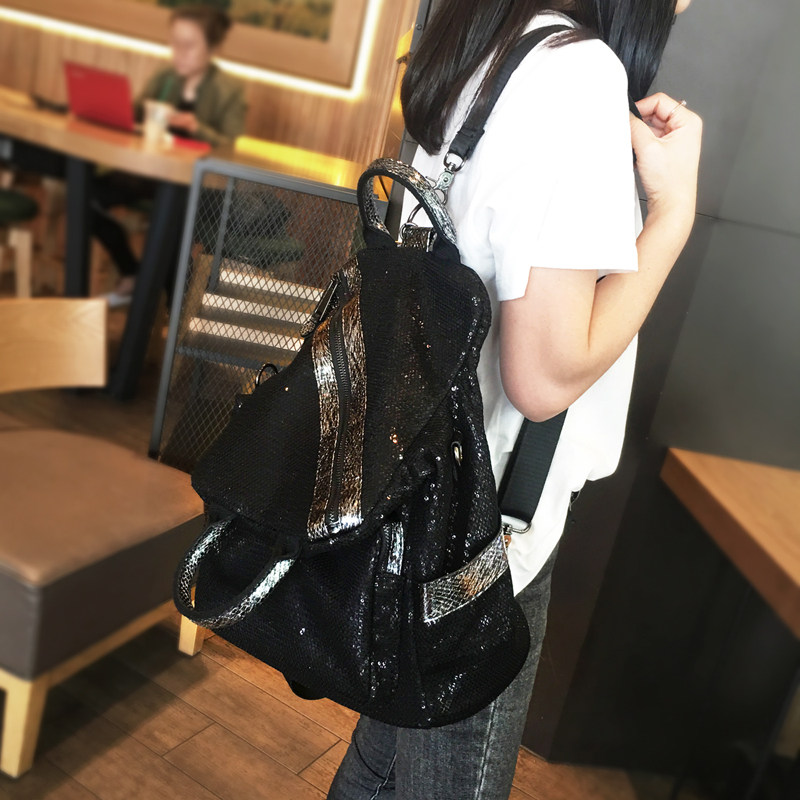 手提双肩包女202时尚新款亮片两用女包韩版百搭大容量旅行背包潮