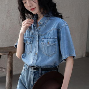 2024夏季薄款短袖牛仔衬衫女复古休闲盐系韩版网红宽松叠穿上衣潮