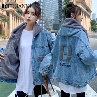 冬季韩版连帽牛仔棉服女短款宽松减龄百搭外套时尚加绒加厚棉衣