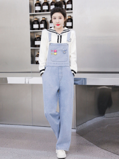 阔腿直筒牛仔背带裤女2024春秋冬大码慵懒风韩版宽松工装裤子套装