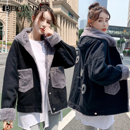 加绒牛仔外套女加厚短款初中高中学生小个子冬季仿兔毛棉服上衣