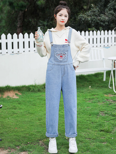 爱心牛仔背带裤女秋冬装小清新连帽毛衣小个子显瘦洋气连体裤套装