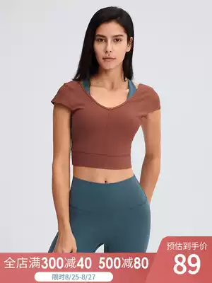 lulu original spring and summer new threaded yoga short-sleeved V-shaped beauty back cross back piece running sports fitness top