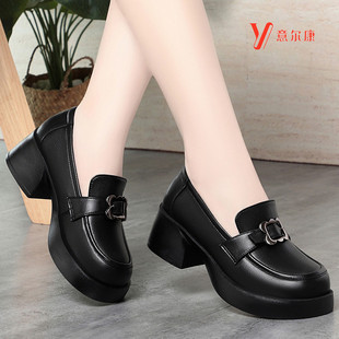 意尔康真皮女鞋亮皮乐福鞋黑色单鞋圆头厚底一脚蹬百搭中跟小皮鞋