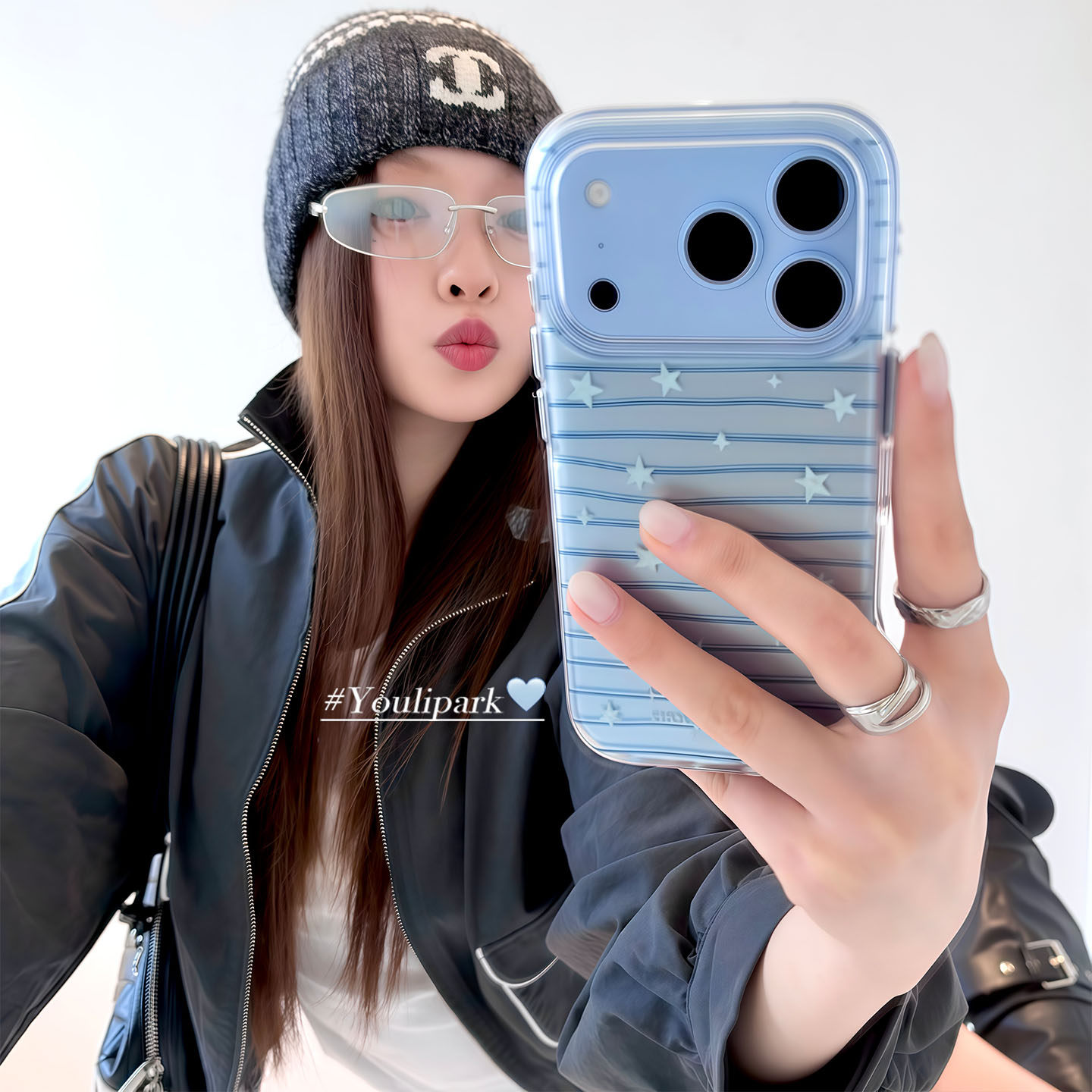 由里公园ins韩系简约雾蓝不规则条纹星星17适用18pro苹果18ProMax手机壳iPhone16全包14新款16Promax保护套女