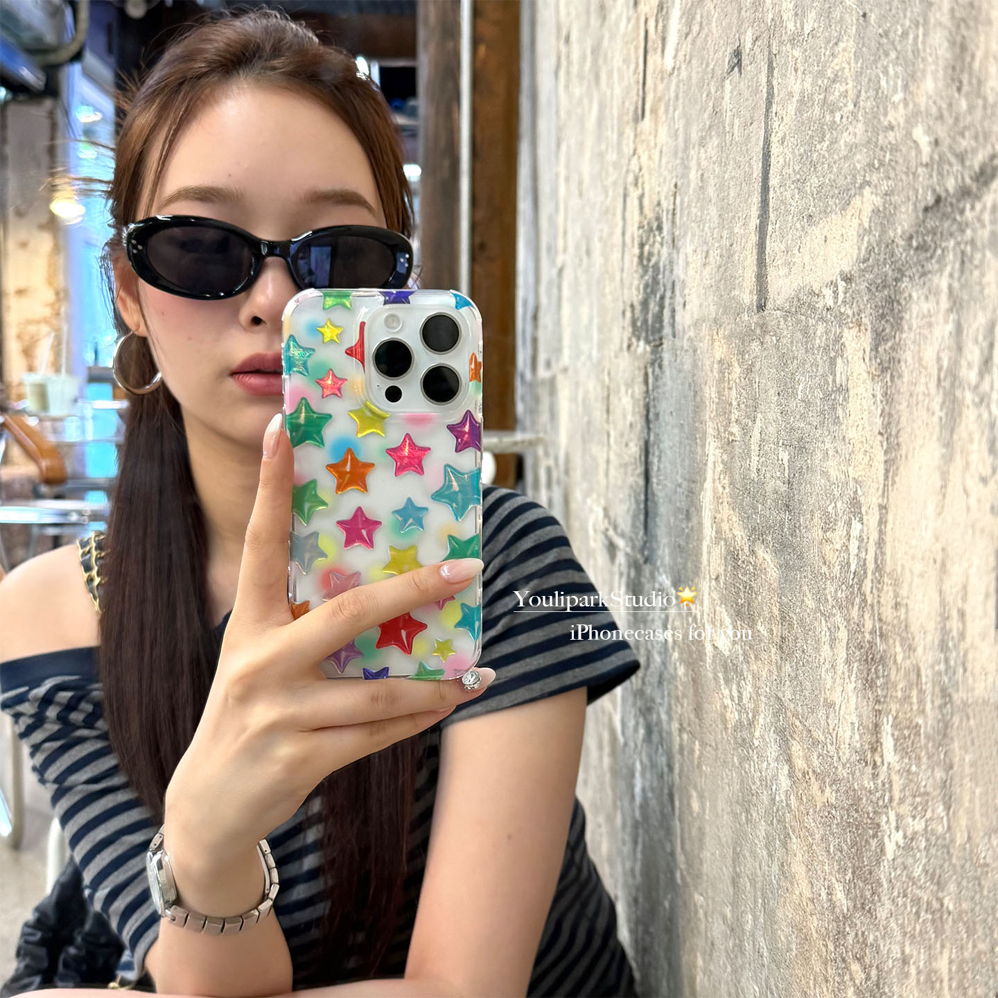 透明镭射满屏彩色星星苹果手机壳