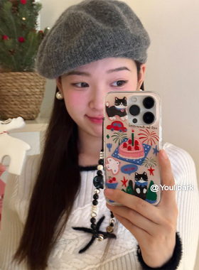 由里公园ins可爱少女蛋糕黑色猫咪15适用16pro苹果16ProMax手机壳iPhone16全包12新款14Promax防摔保护套13女