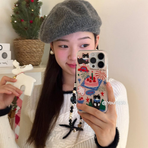 苹果手机壳可爱少女蛋糕黑色猫咪