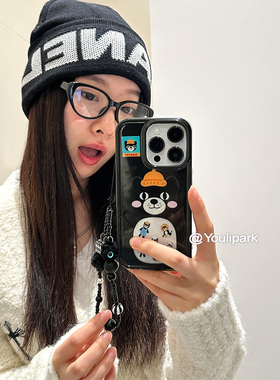 由里公园ins卡通可爱黑色大脸吉利猫挂绳适用16pro苹果16ProMax手机壳iPhone16华为mate60pro/14Promax保护套