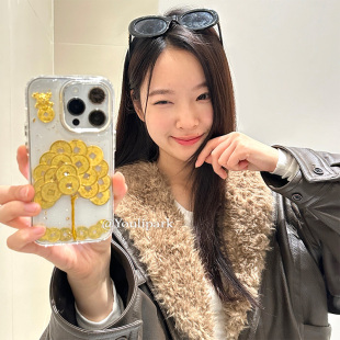 由里公园ins中国风滴胶金箔发财金钱树15适用17pro苹果17ProMax手机壳iPhone16全包17新款 14Promax保护套13女