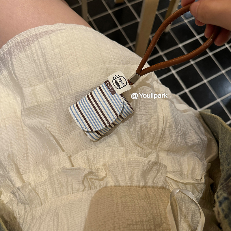 苹果耳机套简约翻盖条纹咖啡挂绳
