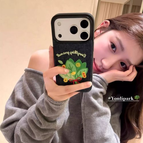 刺绣发财好运柚子叶苹果手机壳女