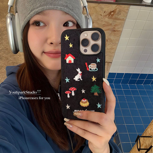 时髦牛仔可爱刺绣小狗苹果手机壳