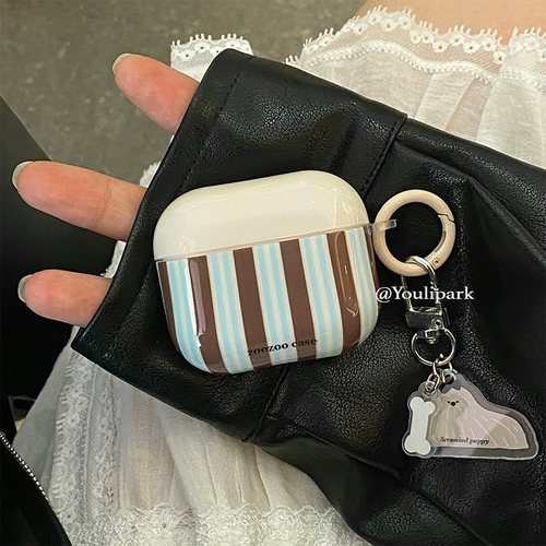 苹果耳机套秋冬咖色条纹小狗挂件
