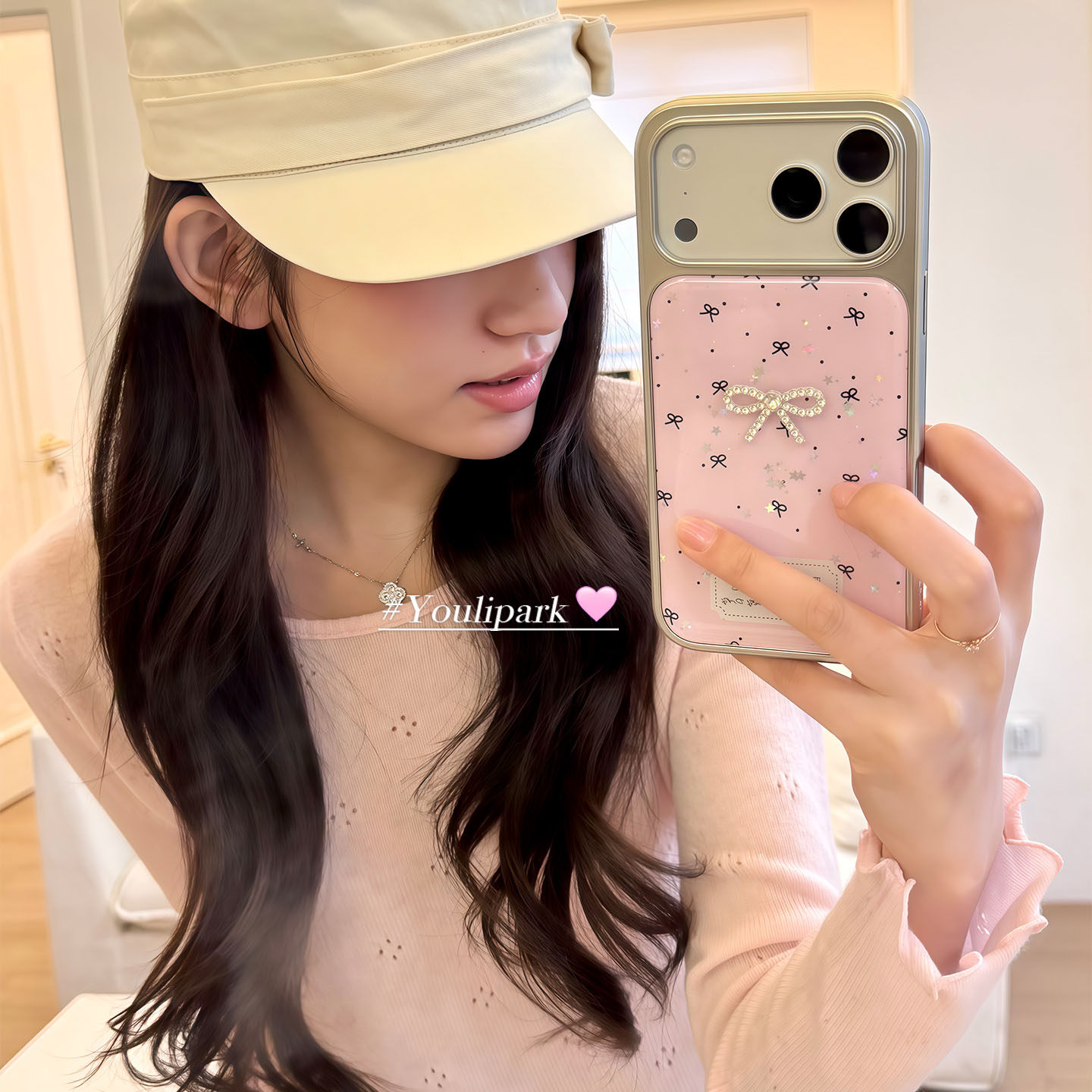 由里公园ins韩系少女唯美柔雾粉闪钻蝴蝶结17适用17pro苹果