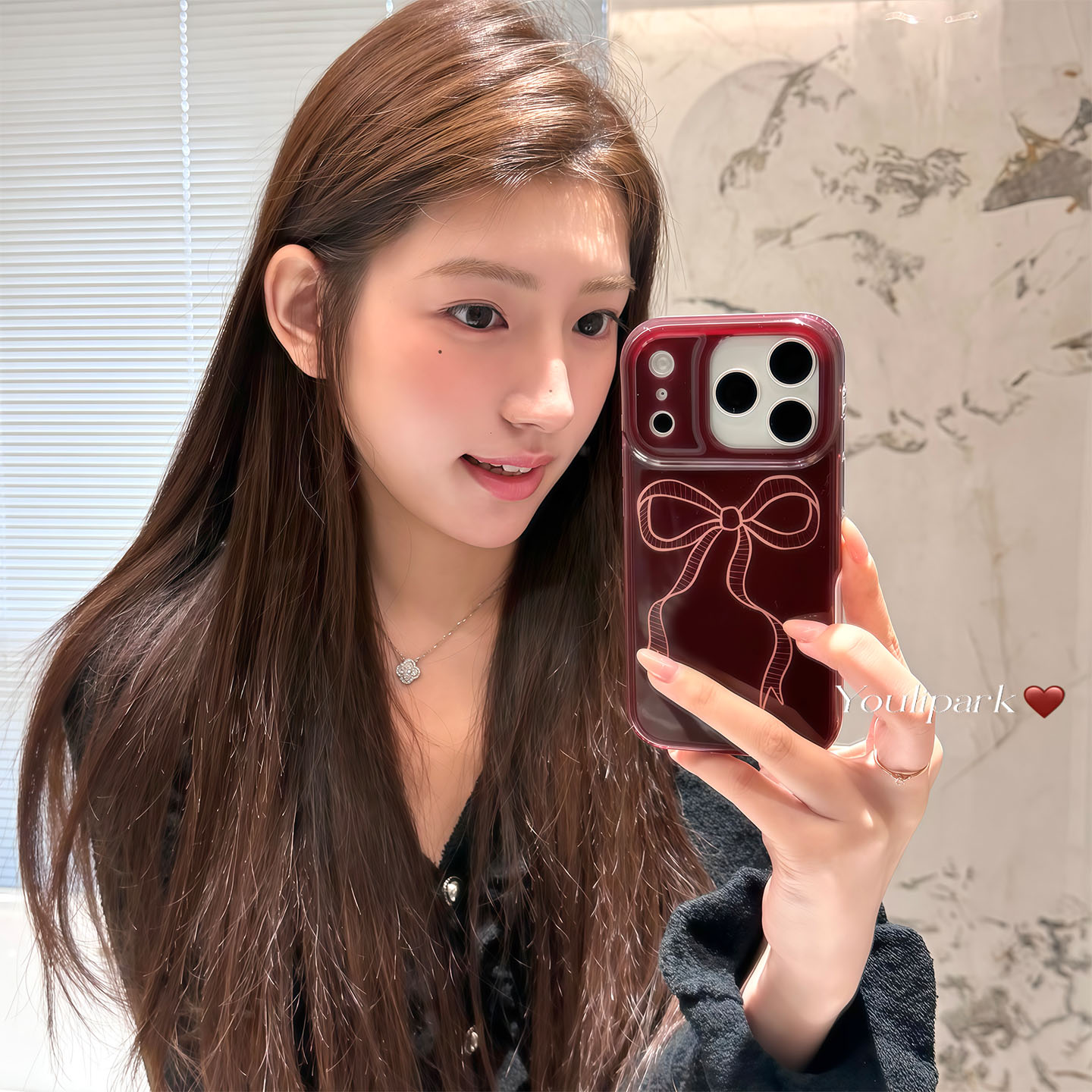 复古酒红蝴蝶结结苹果手机壳女