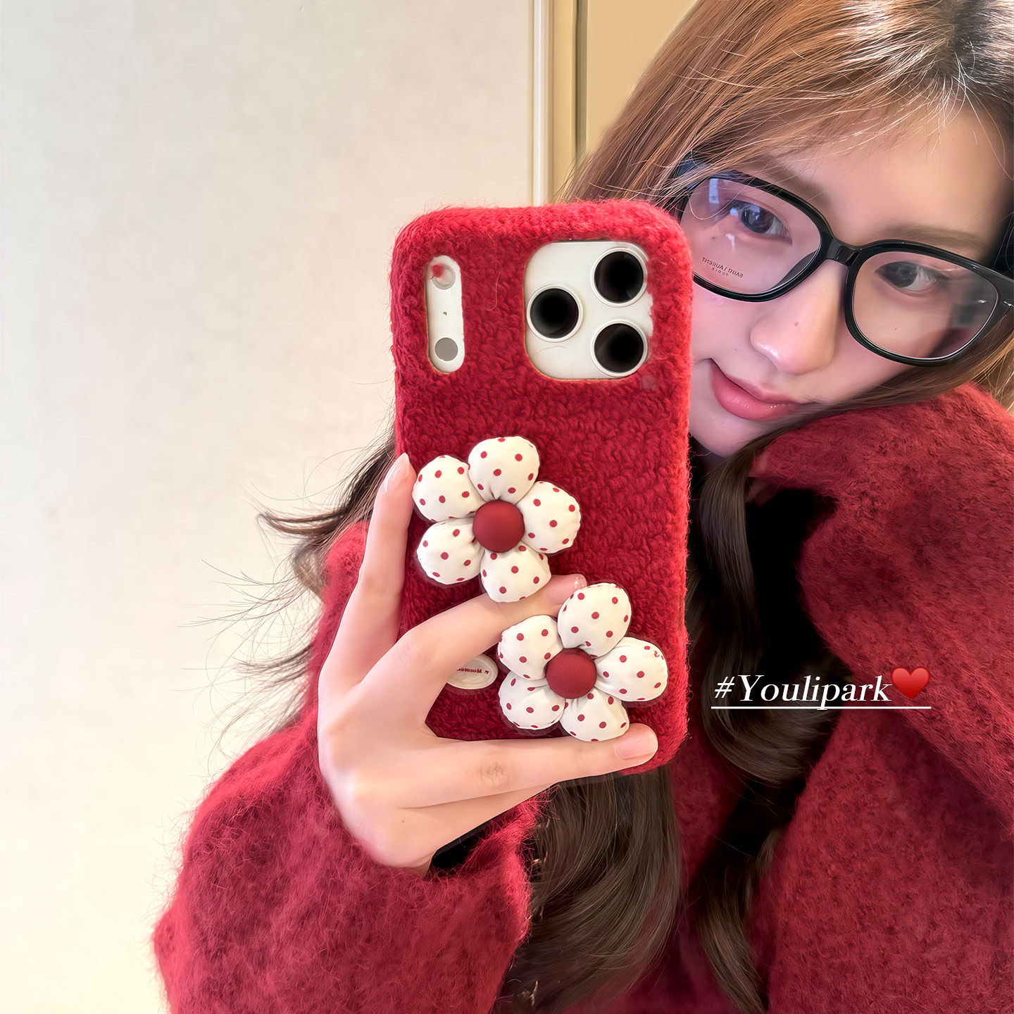 由里公园ins少女新年红绒布立体波点花朵17适用17pro苹果17ProMax手机壳iPhone16全包14新款16Promax保护套13,3C数码配件,手机保护套/壳,淘宝优惠券,粉丝福利购,淘宝优惠卷