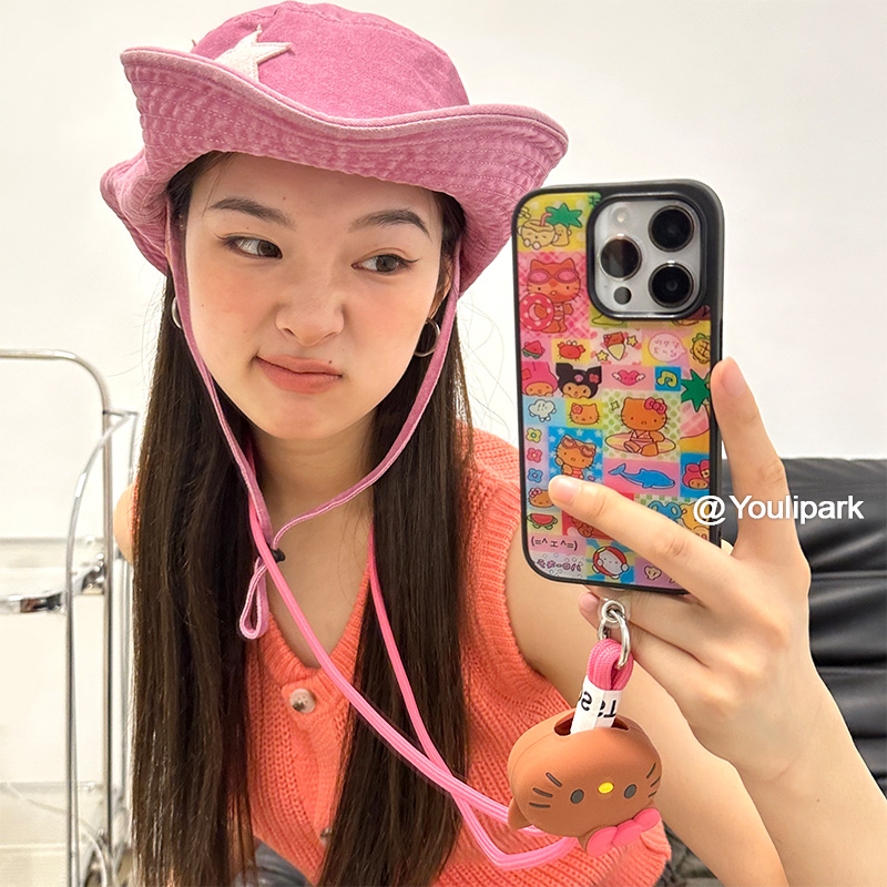 少女卡通黑皮猫咪斜跨苹果手机壳