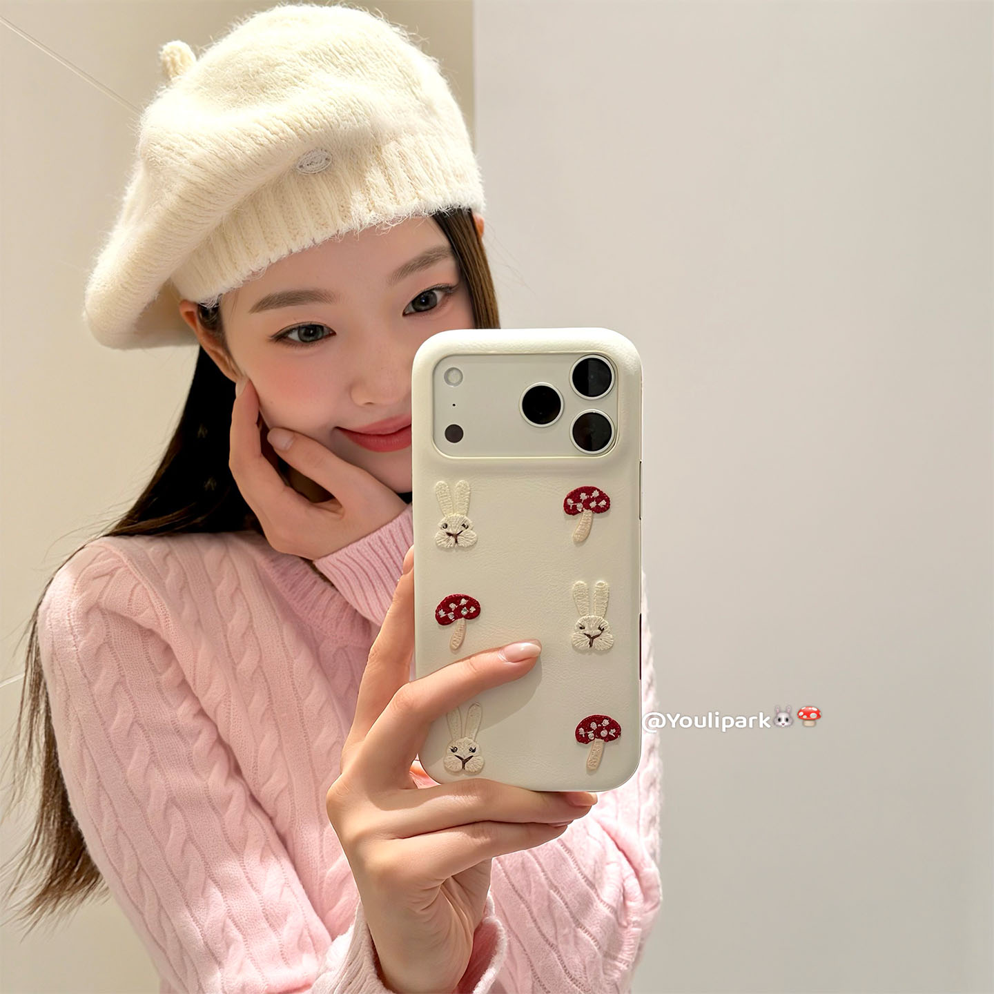 由里公园ins韩系秋冬可爱皮质刺绣蘑菇兔子17适用17pro苹果17ProMax手机壳iPhone16全包14新款16Promax保护套