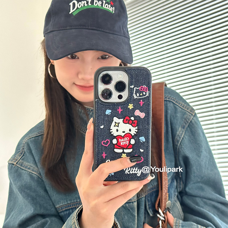 苹果手机壳可爱卡通牛仔刺绣猫咪