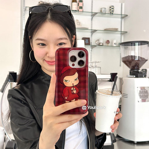 苹果手机壳复古红色格纹奈良美智