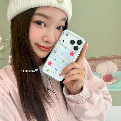 奶油色条纹彩色星星苹果手机壳女