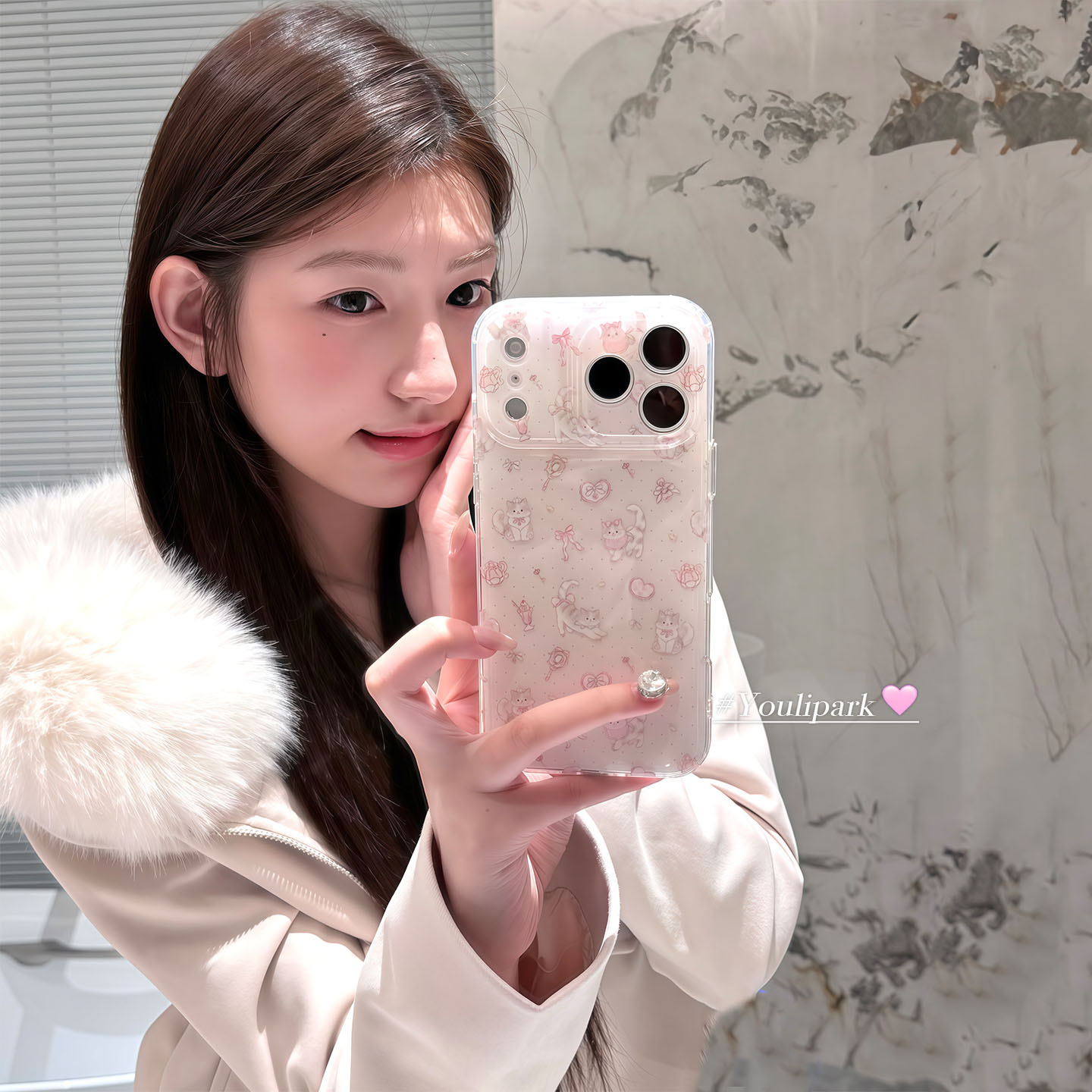 少女柔雾粉蝴蝶结猫咪苹果手机壳