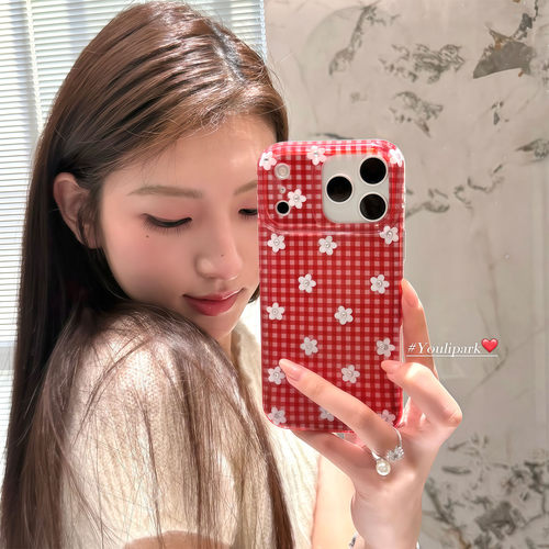 温柔红格纹闪钻花朵苹果手机壳女