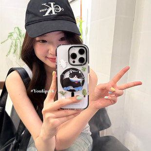 由里公园ins可爱四叶草小黑猫磁吸支架15适用16pro苹果16ProMax手机壳iPhone16全包14新款 14Promax保护套13女