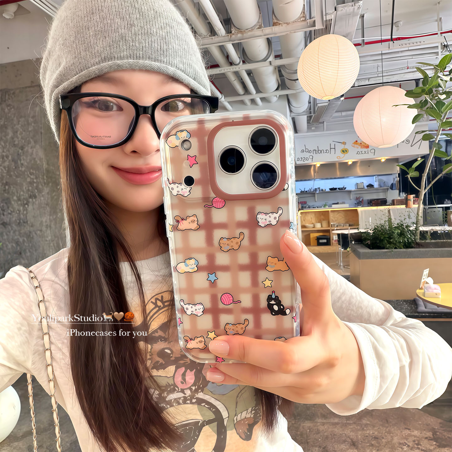 由里公园ins韩系秋冬可爱栗子棕格纹猫咪17适用17pro苹果17ProMax手机壳iPhone16全包14新款16Promax保护套女