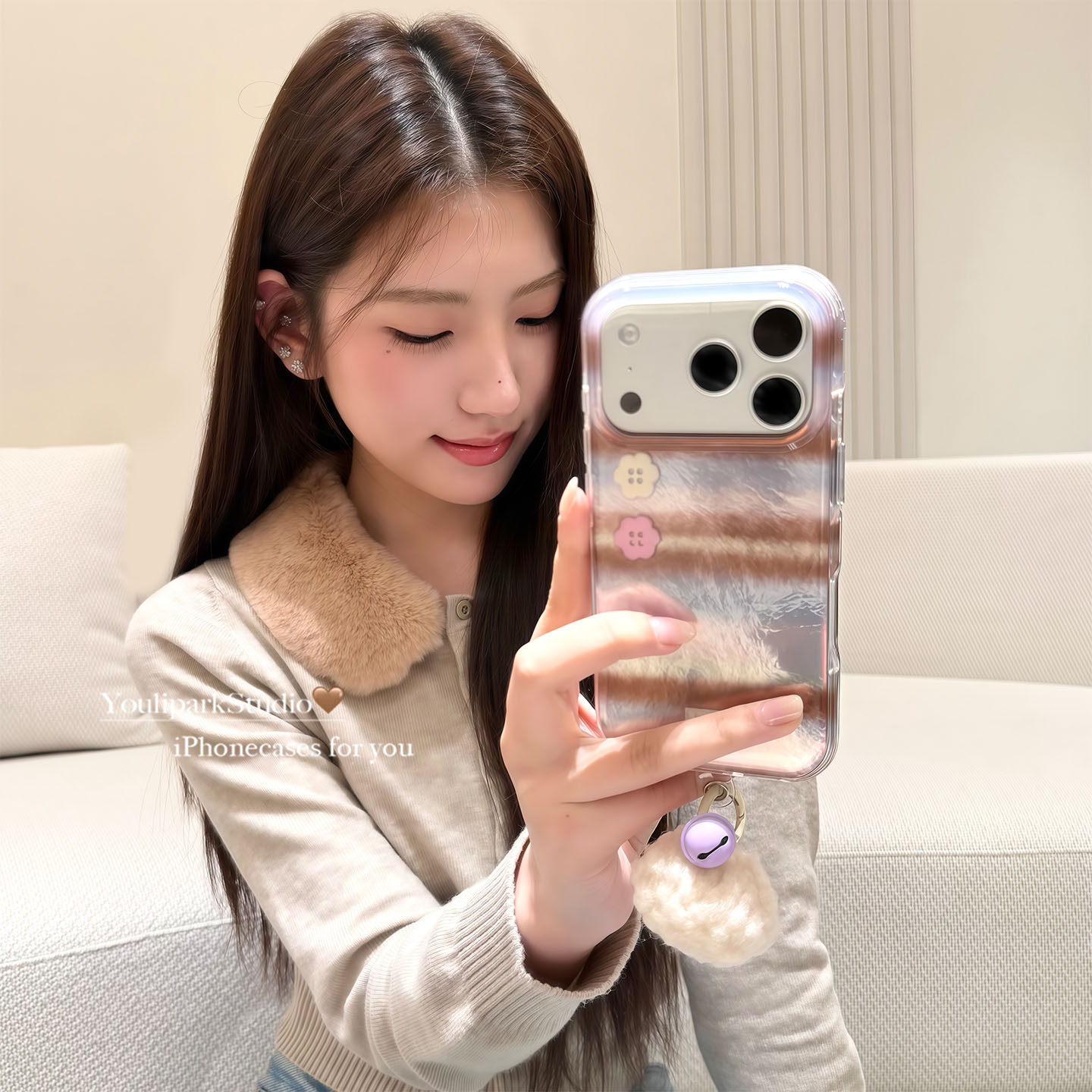 由里公园ins秋冬温柔粉棕条纹立体花朵纽扣17适用17pro苹果17ProMax手机壳iPhone16全包14新款16Promax保护套,3C数码配件,手机保护套/壳,淘宝优惠券,粉丝福利购,淘宝优惠卷