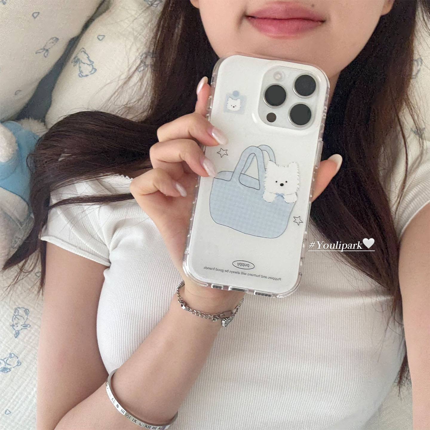 韩系可爱蓝色购物袋小狗手机壳女