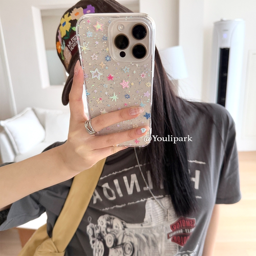 少女透明闪粉彩色星星苹果手机壳