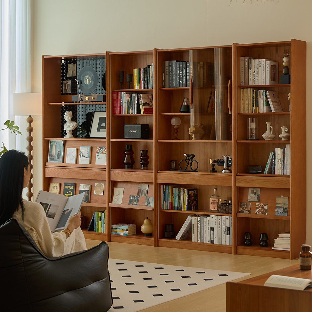繁丰实木书柜整墙组合落地书架北欧复古满墙玻璃门展示柜